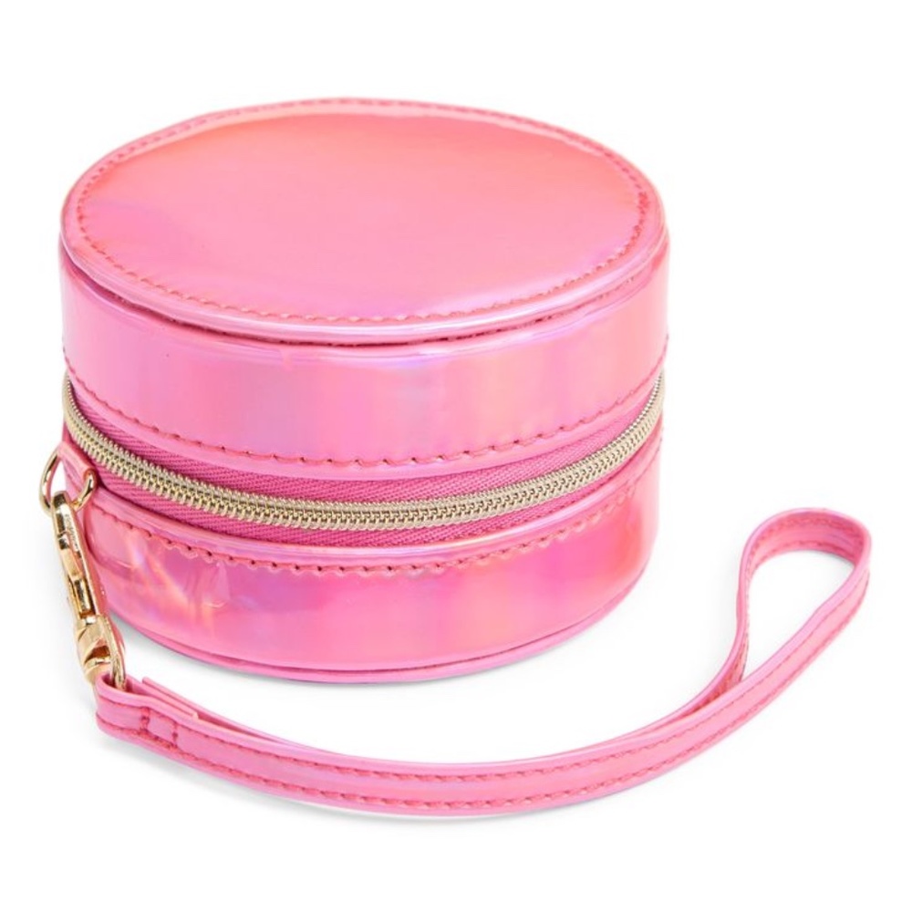 Nordstrom Mini Round Holographic Pink Jewelry Box NWT